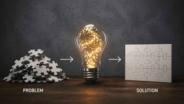 Problem solving business concept with messy puzzle pieces transforming through a glowing lightbulb idea into a completed puzzle solution