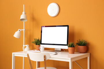 Fototapeta premium Remote work and home office setup, computer with blank screen on desk for freelance business and digital nomad lifestyle in a modern workspace