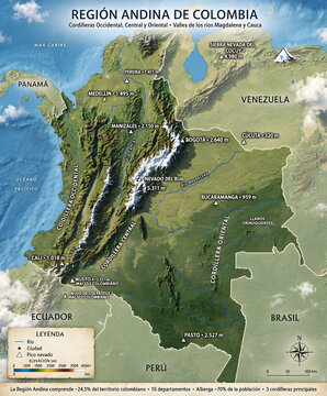 Topographic Relief Map of the Andean Region of Colombia Highlighting Mountain Ranges and Major Cities