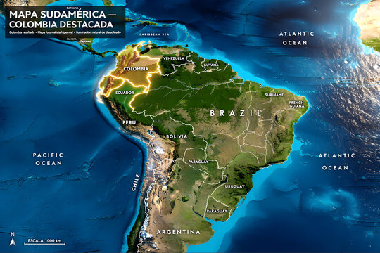 Illuminated 3D Relief Map of South America Highlighting Colombia with Topographic Details and Ocean Depths