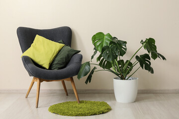 Interior design and home comfort, modern armchair with pillows and monstera plant in living room for cozy lifestyle and minimalist apartment decor © Pixel-Shot