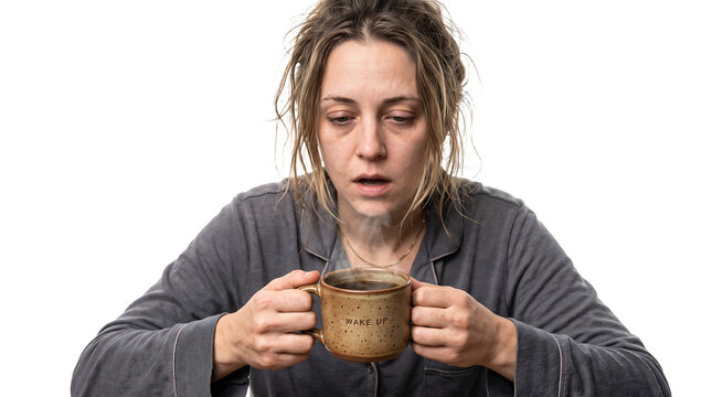 Tired Woman in Pajamas Holding Steaming Coffee Mug with Wake Up Message PNG Isolated on transparent background