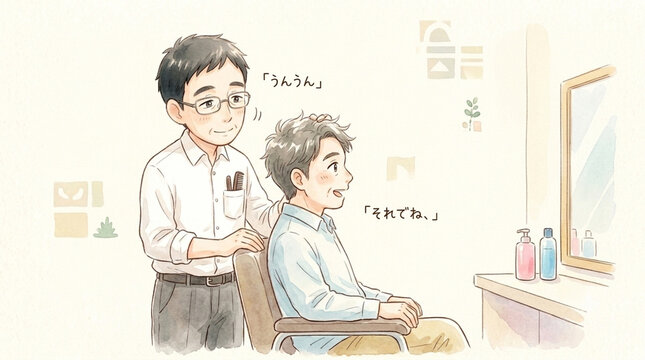 散髪をしながら会話を楽しむ理容師とお客 心を通わせる理容室の日常水彩イラスト
Barber and Customer Chatting During a Haircut, Warm Watercolor Illustration