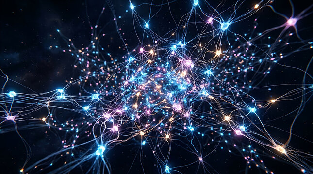 Abstract visualization of a neural network with glowing interconnected nodes and synapses representing artificial intelligence and deep learning processes