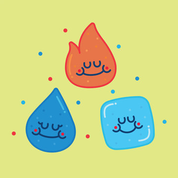 Cute cartoon nature elements: fire, water drop, and ice cube characters with smiling faces vector illustration