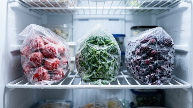Three plastic bags of frozen food inside a refrigerator freezer