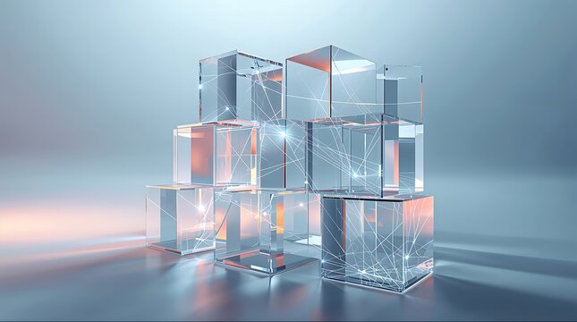 Abstract digital network connection with glowing glass cubes