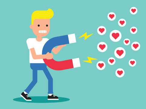 Man Attracting Social Media Likes and Hearts with Giant Magnet Illustration