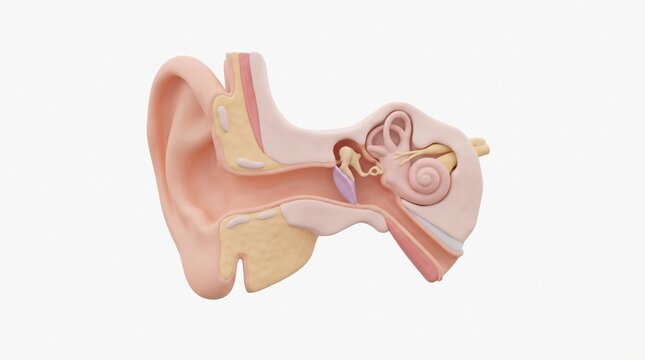 Educational 3D Human Ear Cross Section Internal Hearing System, Cochlea, Ear Canal and Auditory Anatomy Illustration