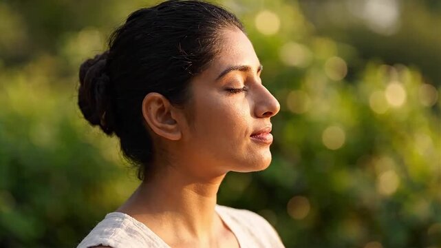 Close-up of an Indian woman meditating and regulating her breathing for peace of mind.