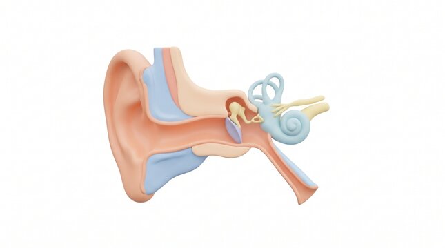 Educational 3D Human Ear Cross Section Internal Hearing System, Cochlea, Ear Canal and Auditory Anatomy Illustration
