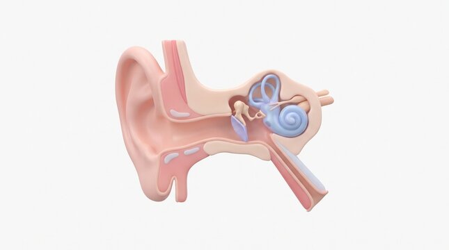 Educational 3D Human Ear Cross Section Internal Hearing System, Cochlea, Ear Canal and Auditory Anatomy Illustration
