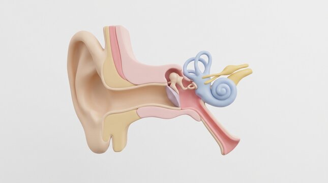 Educational 3D Human Ear Cross Section Internal Hearing System, Cochlea, Ear Canal and Auditory Anatomy Illustration