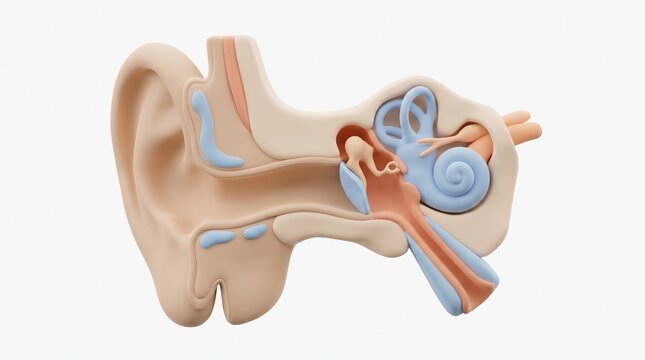 Educational 3D Human Ear Cross Section Internal Hearing System, Cochlea, Ear Canal and Auditory Anatomy Illustration