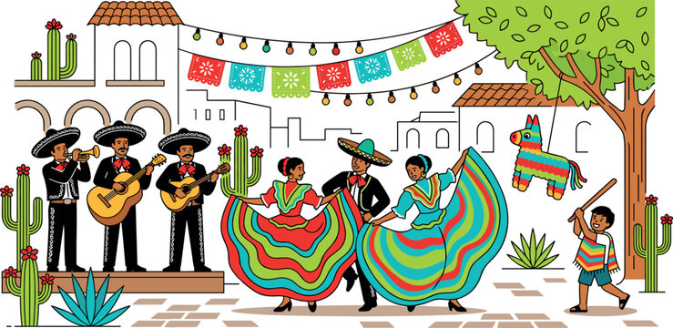 Mexican fiesta celebration banner featuring mariachi band traditional folklore dancers pinata and paper decorations vector illustration.