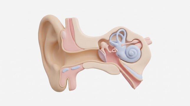 Educational 3D Human Ear Cross Section Internal Hearing System, Cochlea, Ear Canal and Auditory Anatomy Illustration