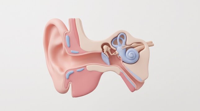 Educational 3D Human Ear Cross Section Internal Hearing System, Cochlea, Ear Canal and Auditory Anatomy Illustration