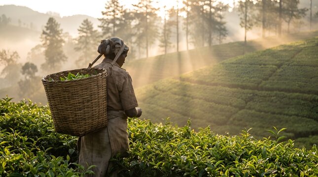 Ceylon Tea Harvester in Misty Nuwara Eliya Plantation at Sunrise