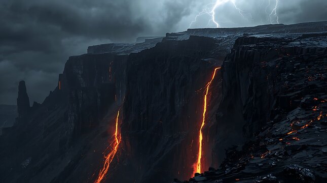 Dramatic volcanic landscape with lava flows and lightning storm