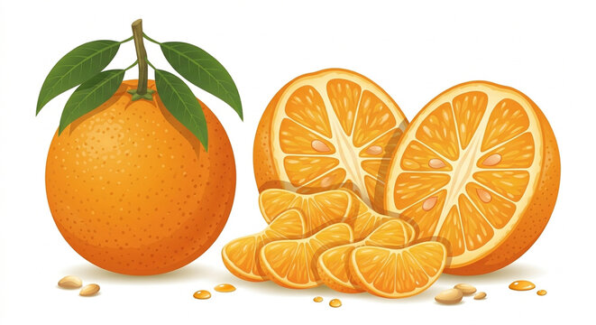 Fresh Whole and Sliced Orange Fruit Vector Illustration