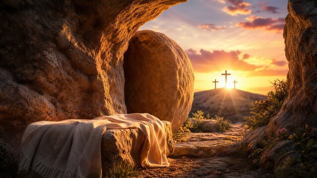 Easter Morning Dawn: Empty Tomb Symbolizing Jesus Christ's Resurrection in a Serene Rocky Landscape.