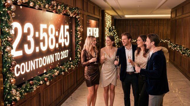 New Year's Eve Countdown: A group of stylish friends toast to the new year as they watch the countdown clock tick towards midnight, surrounded by festive Christmas decorations and warm.
