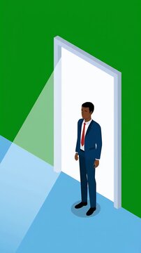 Man in suit standing before an open doorway with light shining through, symbolizing opportunity and choice, isometric view