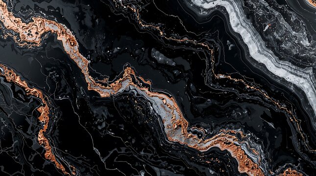 Abstract black marble texture with gold and white veins background