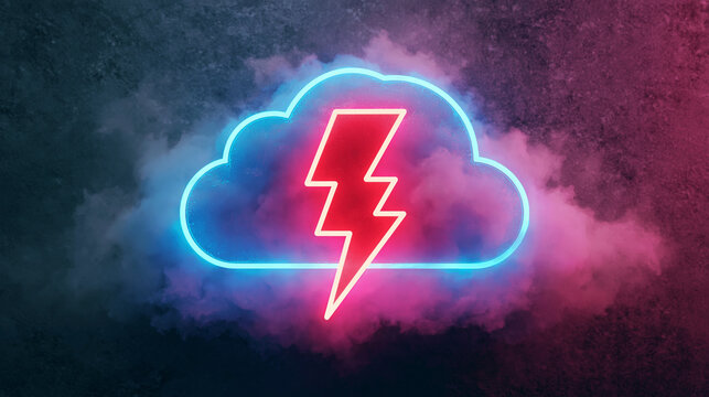 Neon lightning bolt icon inside glowing cloud silhouette on dark textured background.