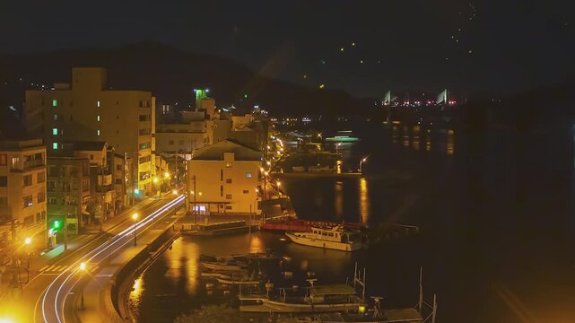 Night Time Lapse of Onomichi Harbor and Waterfront in Hiroshima, Japan
