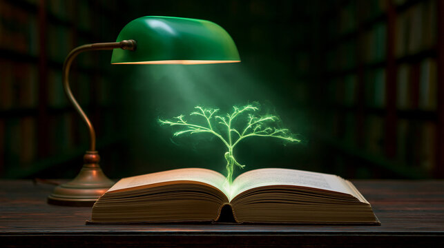Open book with glowing green fractal tree radiating light under a vintage green desk lamp in a library setting.