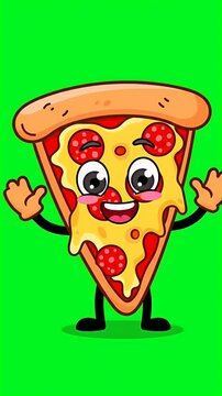 Animated slice of pepperoni pizza character with a happy face, waving arms, and smiling, perfect for food commercials or children's content.