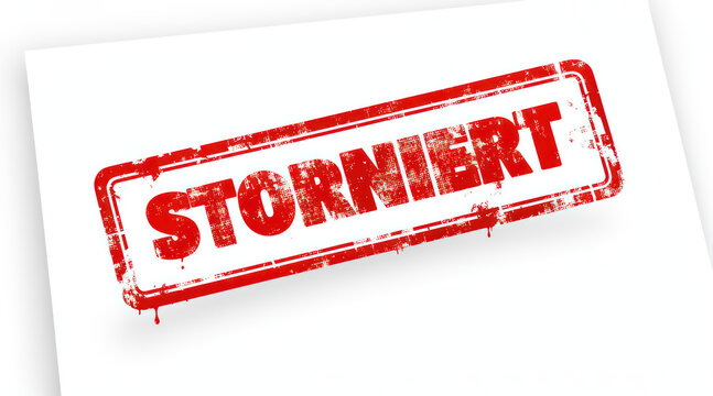 Red storniert rubber stamp on white paper background