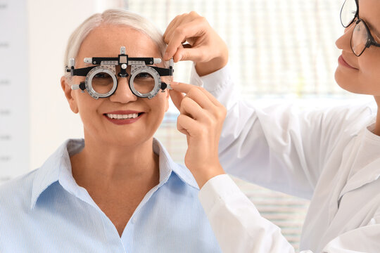 Eye exam for seniors, optometrist testing vision of an elderly woman with trial frame glasses in a clinic for healthy aging and ophthalmology care