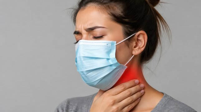 Woman wearing surgical mask holding her sore throat in pain
