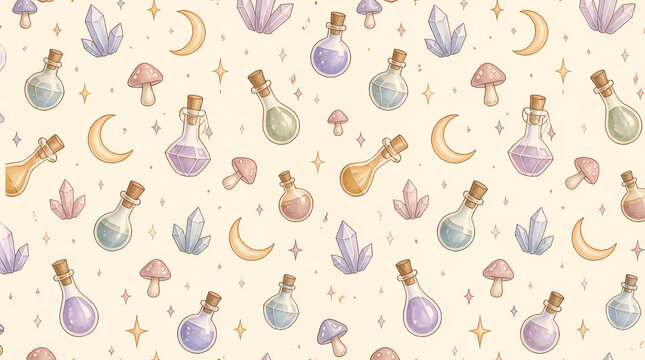 Charming seamless pattern featuring magical watercolor potions, glowing crystals, tiny mushrooms, and crescent moons arranged playfully to create a whimsical fantasy aesthetic for various