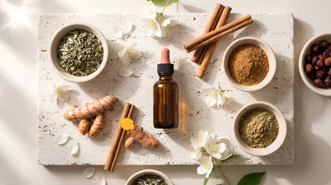Ayurvedic Herbal Spa Wellness Flat Lay with Essential Oil and Herbs
