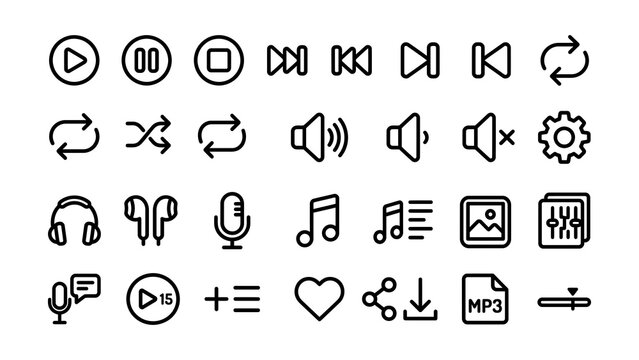 Collection of media player control icons isolated on transparent background