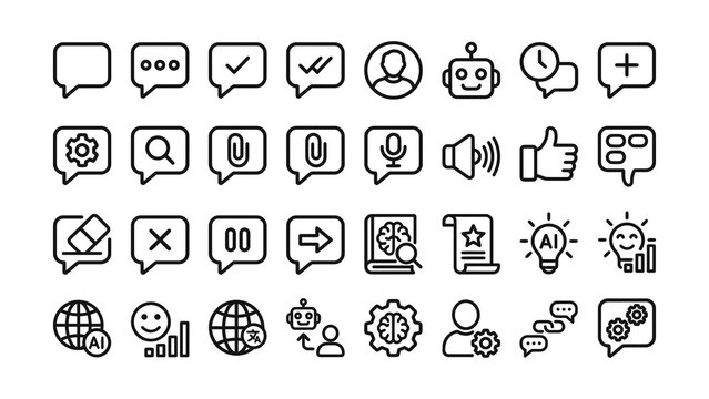 Collection of various communication and technology icons in speech bubbles style