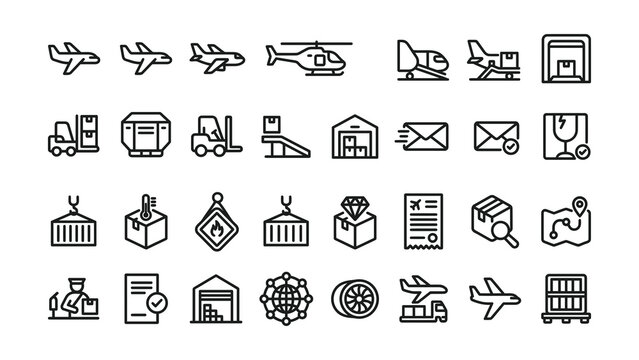 Collection of various transportation and logistics vector icons isolated on transparent background