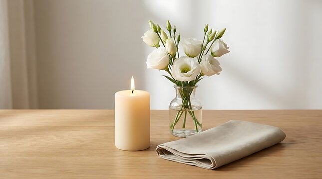 A peaceful table setting with a lit candle and white eustoma flowers for National random acts of kindness day to inspire thoughtfulness and compassion