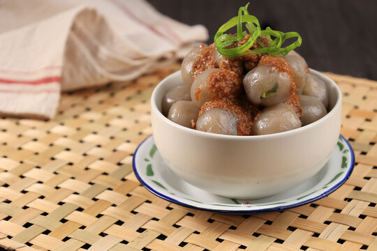 Close Up Cilok Bumbu Kacang, Chewy Tapioca Balls Served with Spicy Peanut Sauce.
