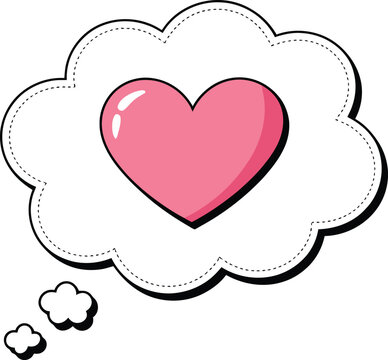 A pink heart shape inside a cloud-shaped thought bubble with a dashed outline and small flower-like tail dots, isolated on a white background, for romantic concepts