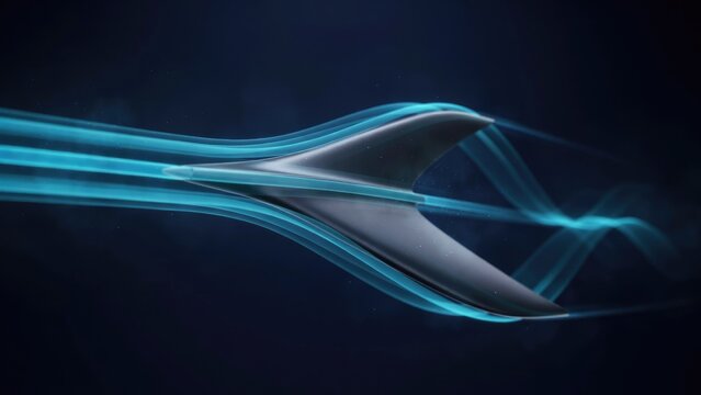 Aerodynamics concept with futuristic delta wing aircraft and blue airflow lines simulation in a wind tunnel - 3D illustration