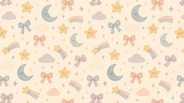 Charming pastel pattern features sleepy crescent moons, smiling stars, fluffy clouds, and delicate bows creating a whimsical atmosphere ideal for nursery decor and lovely baby textile designs