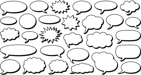 Fototapeta premium Set of white comic book speech bubbles with thick black outlines, various dialogue balloon shapes for text, comic style chat boxes, isolated on a white background