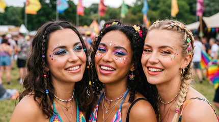 Fototapeta premium Young Woman with Colorful Gemstone Face Decorations at Music Festival