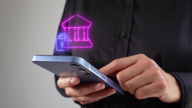 Cybersecurity. Female corporate leader using her cell phone with a virtual bank icon and a padlock.