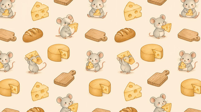 Charming seamless pattern featuring delightful cartoon mice holding delicious yellow cheese wedges and wheels alongside crusty wooden cutting boards for culinary design projects