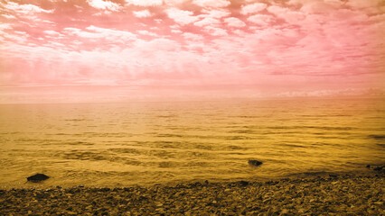 Majestic nature. Cloudscape. Cumulus clouds. Calm open sea, tranquil ethereal view. Empty template for text. Harmony, relax, meditating and mental health concept. Dreamy scenery. Freedom